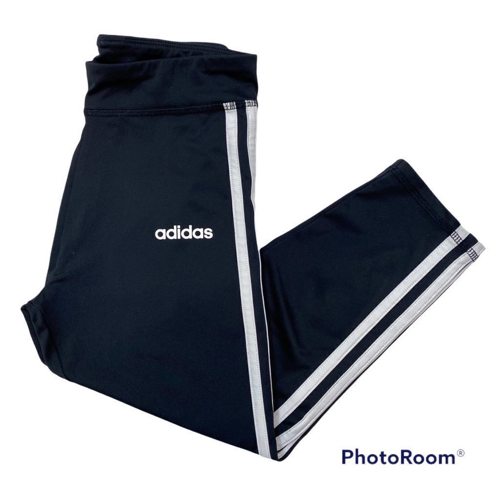 Girls Classic adidas Black Leggings with Triple White Stripes Size 7/8